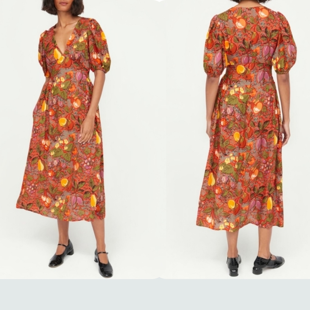 NWT RHODE Gwyneth Red Berry Fruit Print Puff-Sleeve Midi-Dress Size 10 Artisan